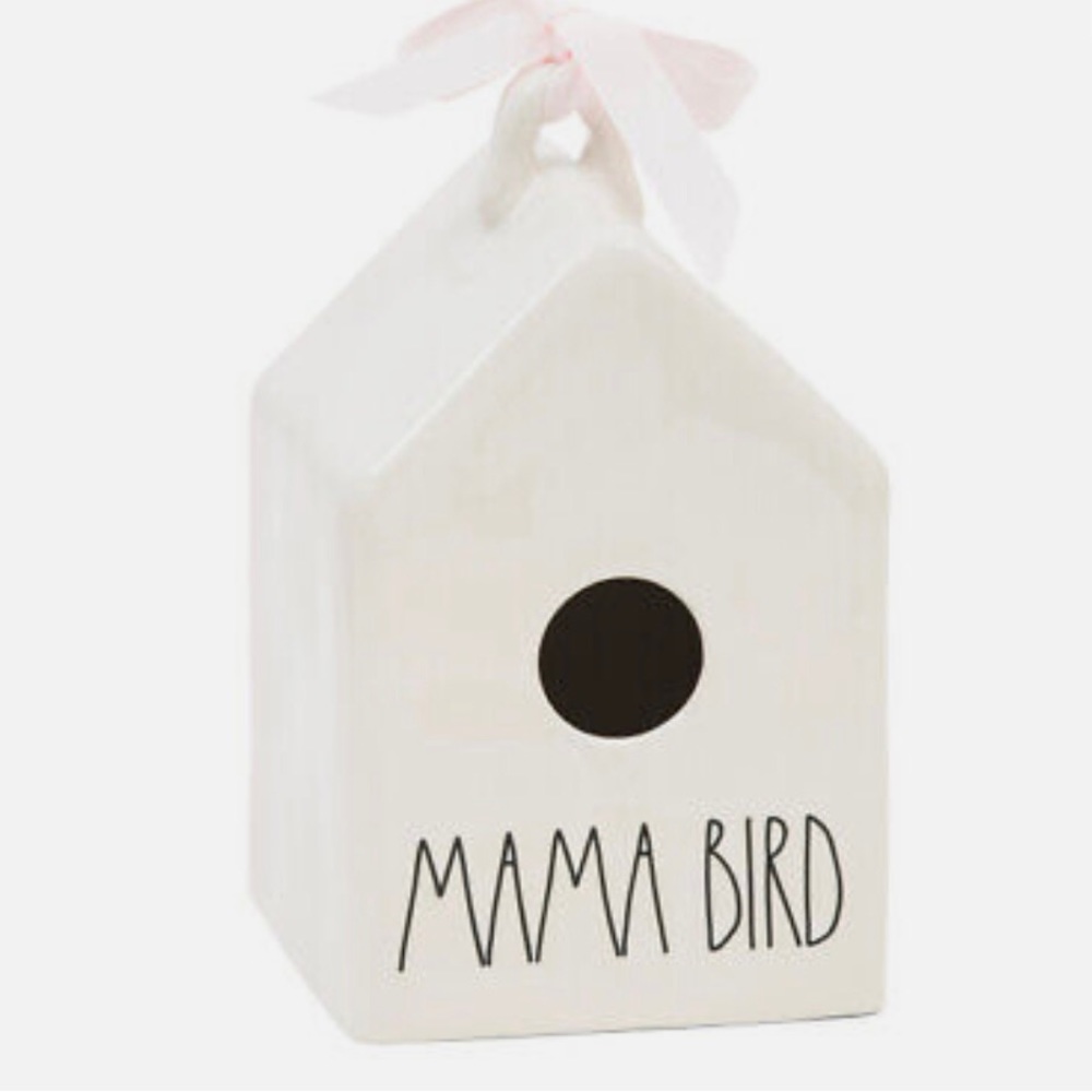Rae Dunn Ceramic Mama & Baby Bird Houses with Blue & Pink Bows and Bird Drawings